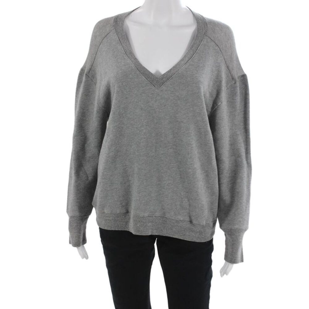 R+A Womens Gray V-Neck Pullover Sweatshirt Cotton Blend Long Sleeve Size S